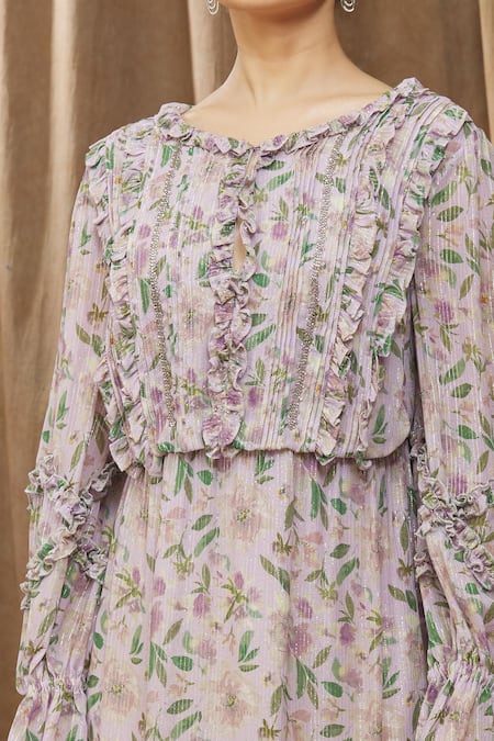 Bump Loving_Purple Viscose, Polyester Embroidery Boat Geogina Floral Print Maternity Dress _at_Aza_Fashions