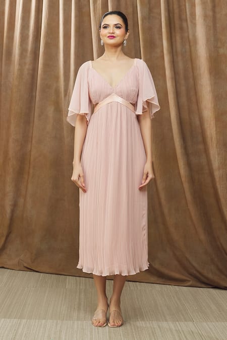 Bump Loving_Pink Georgette, Polyester Sequins Plunge Neck Vanessa Pleated Maternity Dress_Online_at_Aza_Fashions