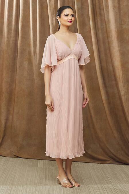 Buy_Bump Loving_Pink Georgette, Polyester Sequins Plunge Neck Vanessa Pleated Maternity Dress_Online_at_Aza_Fashions