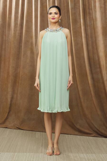 Bump Loving_Green Georgette, Polyester Edwina Hand Embroidered Neckline Maternity Dress_Online_at_Aza_Fashions