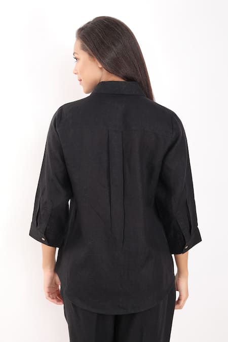 Shop_Linen Bloom_Black Linen Embroidery Collared Kitten Shirt _at_Aza_Fashions