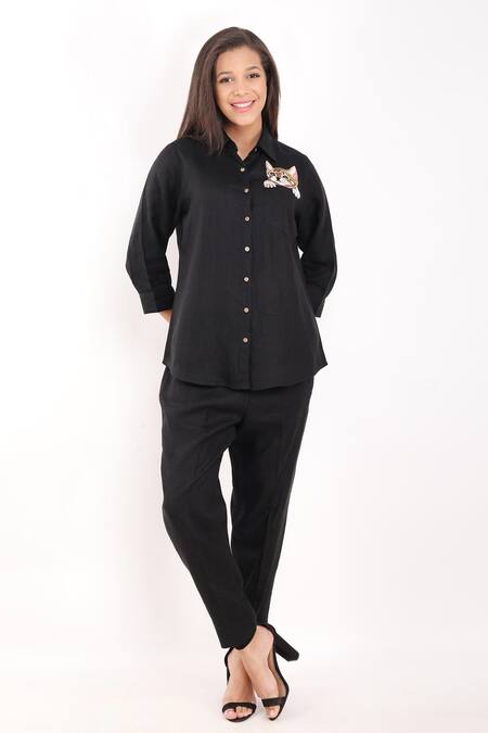 Linen Bloom_Black Linen Embroidery Collared Kitten Shirt _Online_at_Aza_Fashions