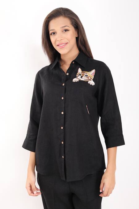 Buy_Linen Bloom_Black Linen Embroidery Collared Kitten Shirt _Online_at_Aza_Fashions