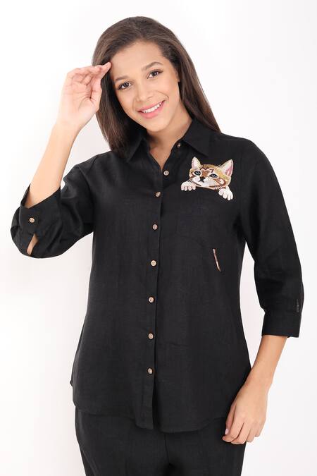 Shop_Linen Bloom_Black Linen Embroidery Collared Kitten Shirt _Online_at_Aza_Fashions