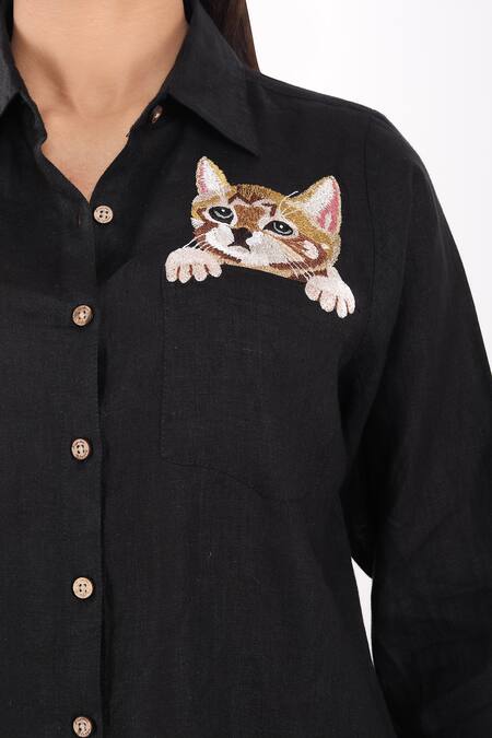 Linen Bloom_Black Linen Embroidery Collared Kitten Shirt _at_Aza_Fashions