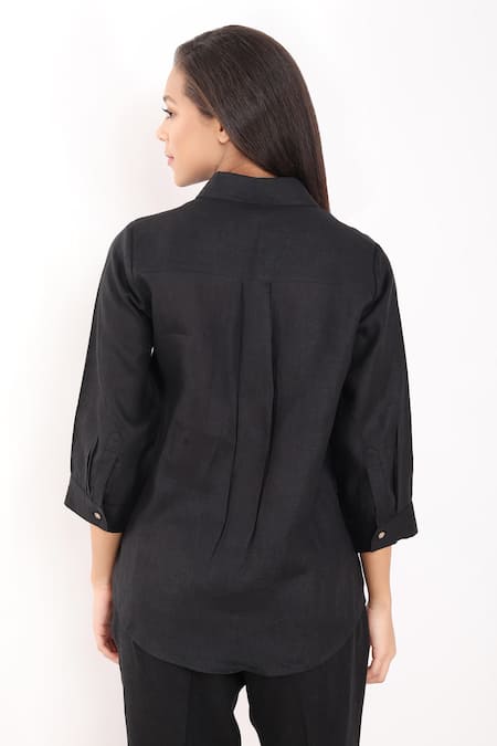 Shop Linen Bloom Black Linen Embroidery Collared Flamingo Shirt at Aza Fashions Shop_Linen Bloom_Black Linen Embroidery Collared Flamingo Shirt _at_Aza_Fashions