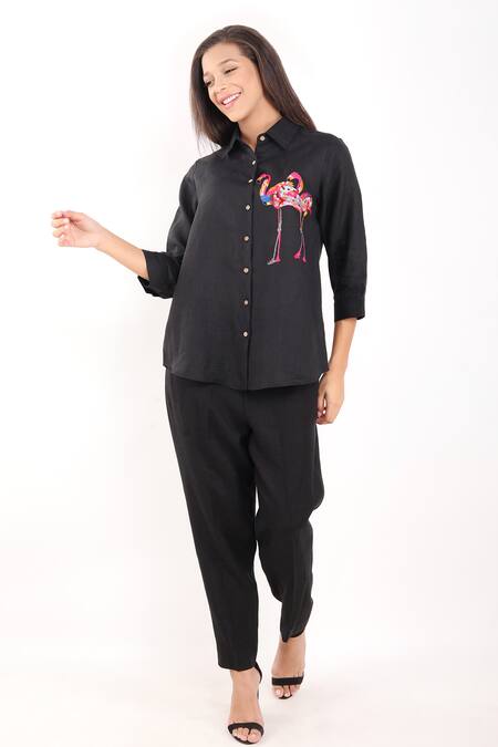 Linen Bloom Black Linen Embroidery Collared Flamingo Shirt Online at Aza Fashions Linen Bloom_Black Linen Embroidery Collared Flamingo Shirt _Online_at_Aza_Fashions