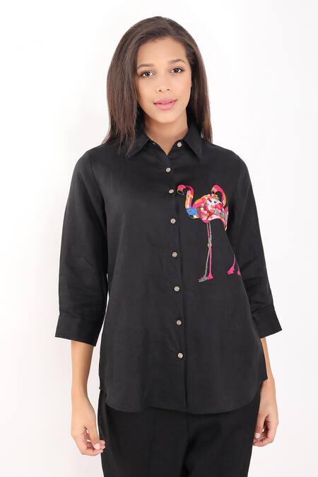 Buy Linen Bloom Black Linen Embroidery Collared Flamingo Shirt Online at Aza Fashions Buy_Linen Bloom_Black Linen Embroidery Collared Flamingo Shirt _Online_at_Aza_Fashions