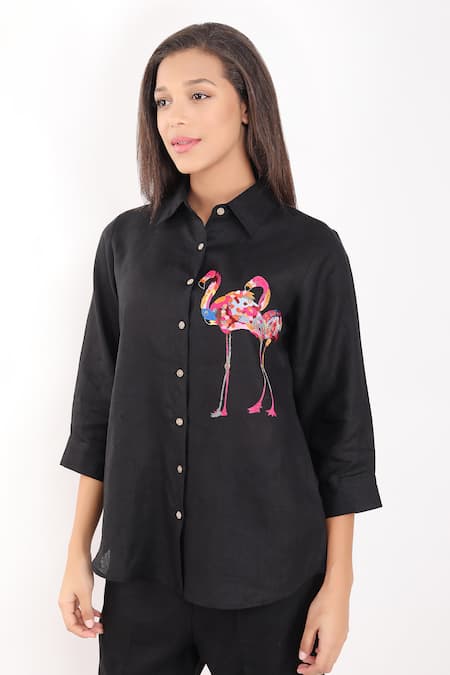 Shop Linen Bloom Black Linen Embroidery Collared Flamingo Shirt Online at Aza Fashions Shop_Linen Bloom_Black Linen Embroidery Collared Flamingo Shirt _Online_at_Aza_Fashions