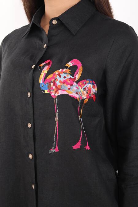 Buy Linen Bloom Black Linen Embroidery Collared Flamingo Shirt Buy_Linen Bloom_Black Linen Embroidery Collared Flamingo Shirt