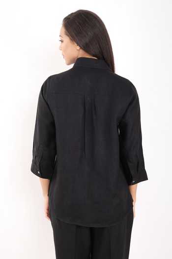 Shop Linen Bloom Black Linen Embroidery Collared Hare Shirt at Aza Fashions Shop_Linen Bloom_Black Linen Embroidery Collared Hare Shirt _at_Aza_Fashions