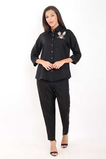 Linen Bloom Black Linen Embroidery Collared Hare Shirt Online at Aza Fashions Linen Bloom_Black Linen Embroidery Collared Hare Shirt _Online_at_Aza_Fashions