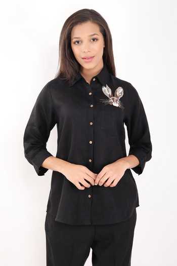 Buy Linen Bloom Black Linen Embroidery Collared Hare Shirt Online at Aza Fashions Buy_Linen Bloom_Black Linen Embroidery Collared Hare Shirt _Online_at_Aza_Fashions