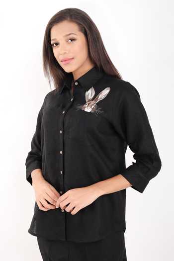 Shop Linen Bloom Black Linen Embroidery Collared Hare Shirt Online at Aza Fashions Shop_Linen Bloom_Black Linen Embroidery Collared Hare Shirt _Online_at_Aza_Fashions