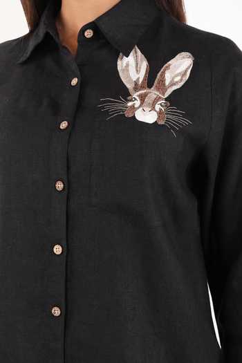 Linen Bloom Black Linen Embroidery Collared Hare Shirt at Aza Fashions Linen Bloom_Black Linen Embroidery Collared Hare Shirt _at_Aza_Fashions