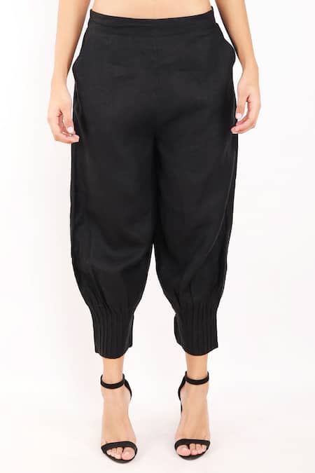 Linen Bloom_Black Linen Bottom Pleated Balloon Pant _Online_at_Aza_Fashions