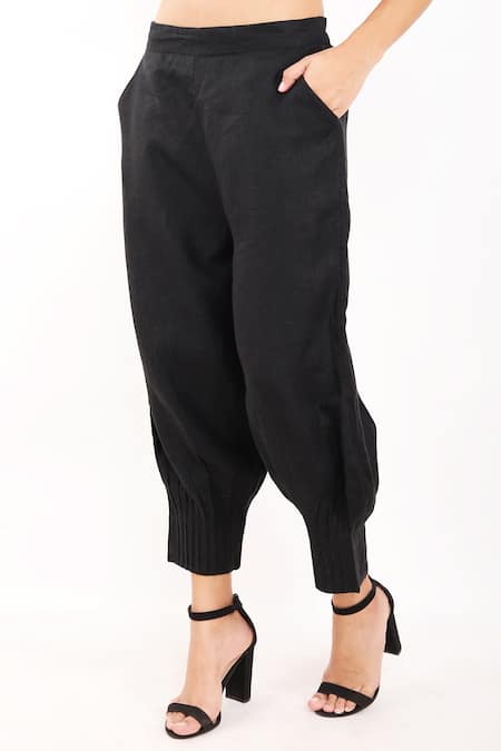 Buy_Linen Bloom_Black Linen Bottom Pleated Balloon Pant _Online_at_Aza_Fashions