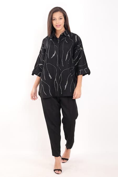 Linen Bloom Black 100% Linen Embroidery Foliage Collar Zari Oversized Shirt 