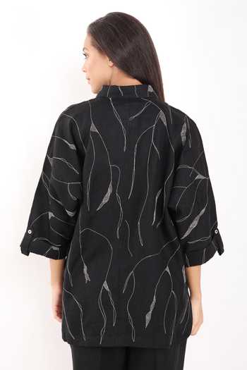 Shop Linen Bloom Black Linen Embroidery Collared Zari Foliage Oversized Shirt at Aza Fashions Shop_Linen Bloom_Black Linen Embroidery Collared Zari Foliage Oversized Shirt _at_Aza_Fashions
