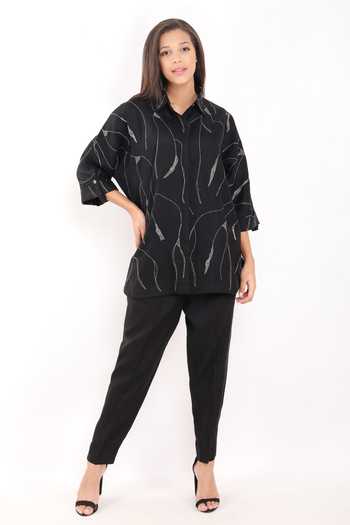 Linen Bloom Black Linen Embroidery Collared Zari Foliage Oversized Shirt Online at Aza Fashions Linen Bloom_Black Linen Embroidery Collared Zari Foliage Oversized Shirt _Online_at_Aza_Fashions