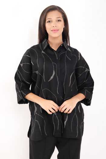 Buy Linen Bloom Black Linen Embroidery Collared Zari Foliage Oversized Shirt Online at Aza Fashions Buy_Linen Bloom_Black Linen Embroidery Collared Zari Foliage Oversized Shirt _Online_at_Aza_Fashions