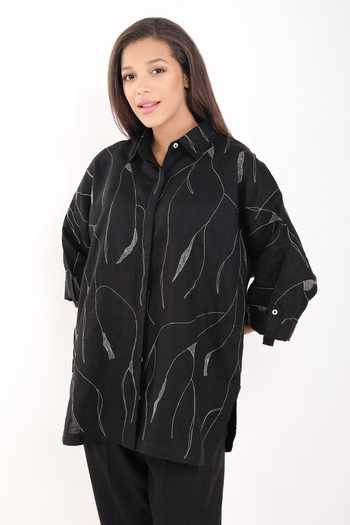 Shop Linen Bloom Black Linen Embroidery Collared Zari Foliage Oversized Shirt Online at Aza Fashions Shop_Linen Bloom_Black Linen Embroidery Collared Zari Foliage Oversized Shirt _Online_at_Aza_Fashions