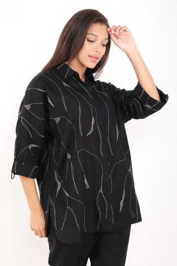 Linen Bloom Black Linen Embroidery Collared Zari Foliage Oversized Shirt at Aza Fashions Linen Bloom_Black Linen Embroidery Collared Zari Foliage Oversized Shirt _at_Aza_Fashions
