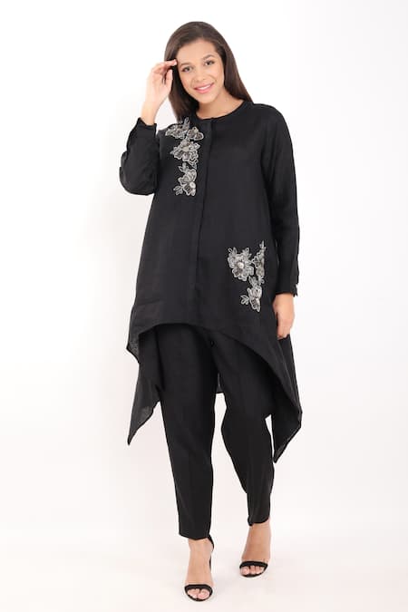 Linen Bloom Black 100% Linen Embroidery Bloom Round Nalki High Low Tunic 