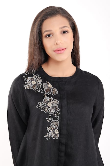 Linen Bloom_Black Linen Beads, Embroidery Round Neck Bloom Nalki High Low Tunic _Online_at_Aza_Fashions