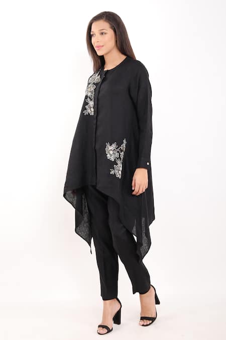 Buy_Linen Bloom_Black Linen Beads, Embroidery Round Neck Bloom Nalki High Low Tunic _Online_at_Aza_Fashions