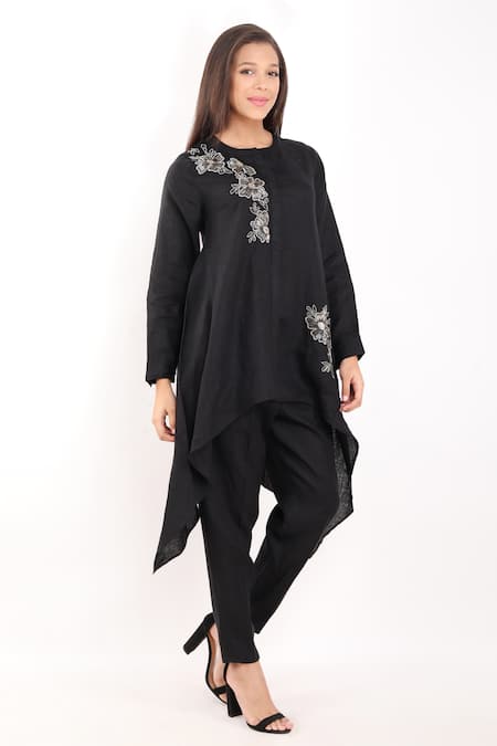 Shop_Linen Bloom_Black Linen Beads, Embroidery Round Neck Bloom Nalki High Low Tunic _Online_at_Aza_Fashions