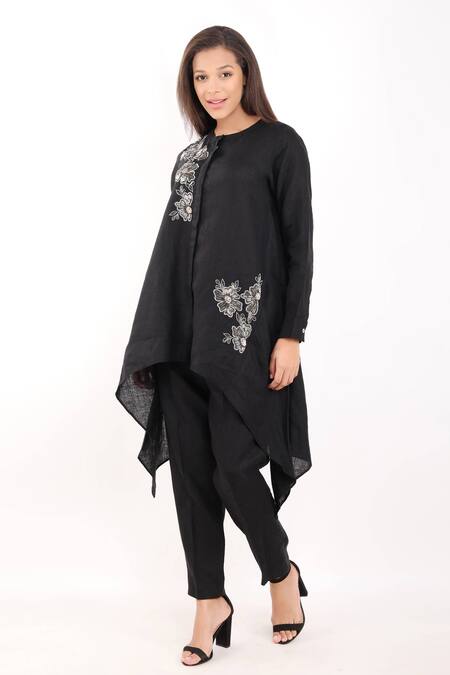 Linen Bloom_Black Linen Beads, Embroidery Round Neck Bloom Nalki High Low Tunic _at_Aza_Fashions