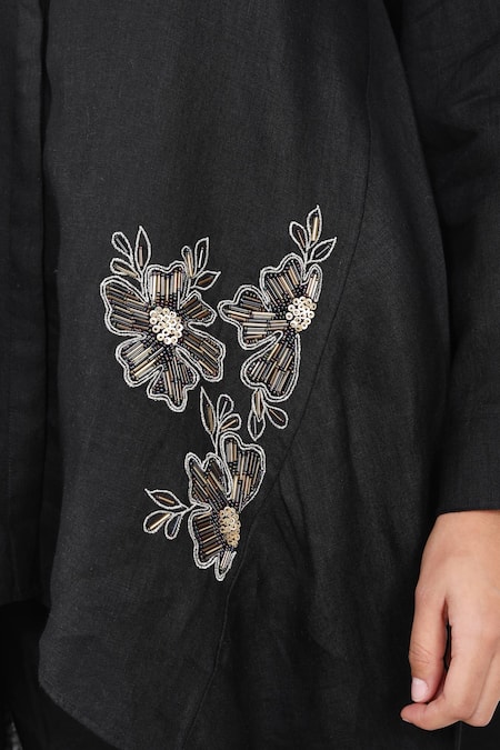 Buy_Linen Bloom_Black Linen Beads, Embroidery Round Neck Bloom Nalki High Low Tunic 