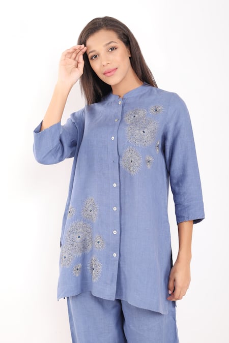 Buy_Linen Bloom_Blue Linen Embroidery Mandarin Collar Zari Dandelion Long Shirt _Online_at_Aza_Fashions