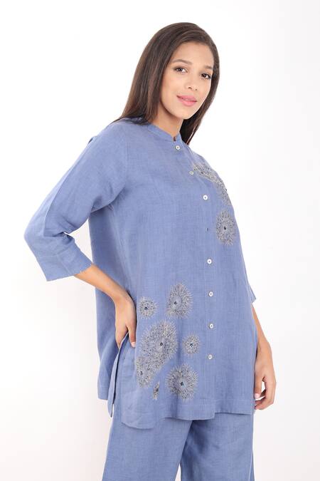 Shop_Linen Bloom_Blue Linen Embroidery Mandarin Collar Zari Dandelion Long Shirt _Online_at_Aza_Fashions
