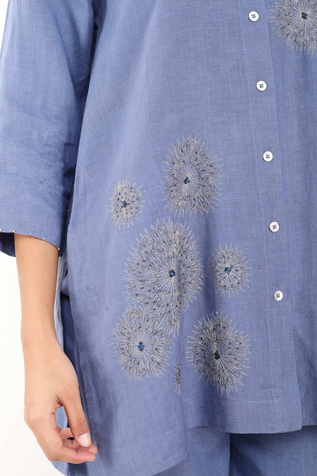 Buy_Linen Bloom_Blue Linen Embroidery Mandarin Collar Zari Dandelion Long Shirt 