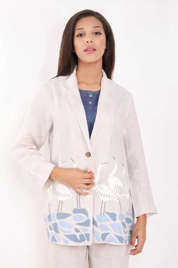 Linen Bloom_Beige Linen Embroidery Swan Blazer Jacket _Online_at_Aza_Fashions