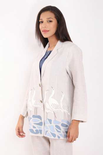 Buy_Linen Bloom_Beige Linen Embroidery Swan Blazer Jacket _Online_at_Aza_Fashions