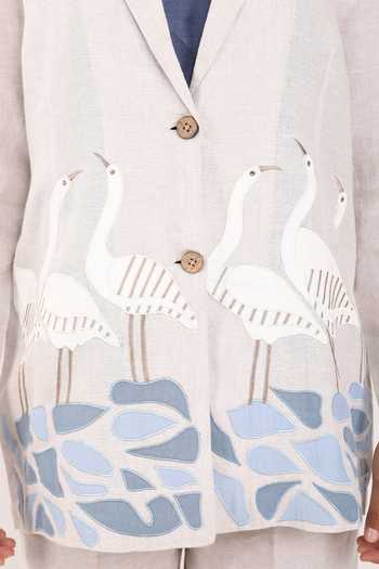 Shop_Linen Bloom_Beige Linen Embroidery Swan Blazer Jacket _Online_at_Aza_Fashions