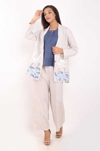 Linen Bloom_Beige Linen Embroidery Swan Blazer Jacket _at_Aza_Fashions