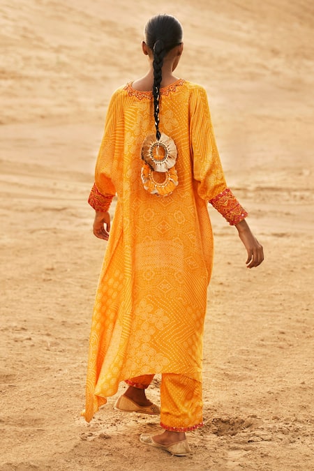 Shop_Punit Balana_Yellow Satin, Silk Embroidery V-neck Bandhani Print Kaftan With Pant _at_Aza_Fashions