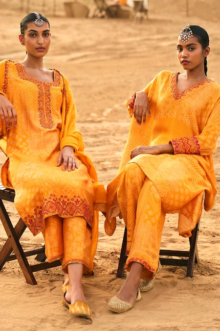Punit Balana_Yellow Satin, Silk Embroidery V-neck Bandhani Print Kaftan With Pant _Online_at_Aza_Fashions