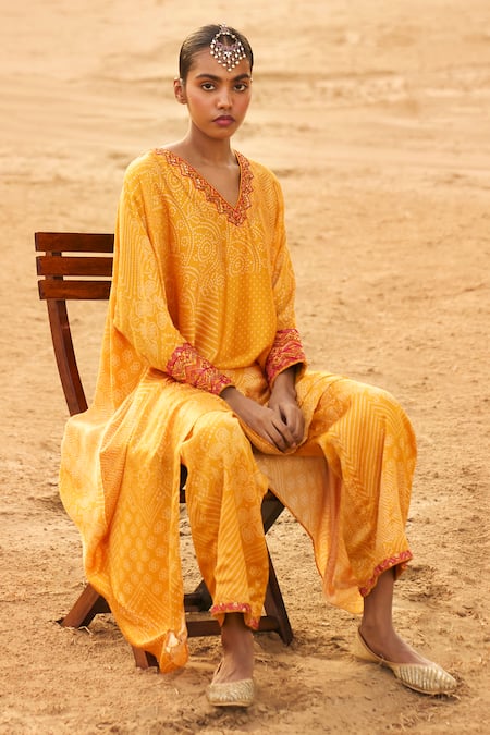 Buy_Punit Balana_Yellow Satin, Silk Embroidery V-neck Bandhani Print Kaftan With Pant _Online_at_Aza_Fashions
