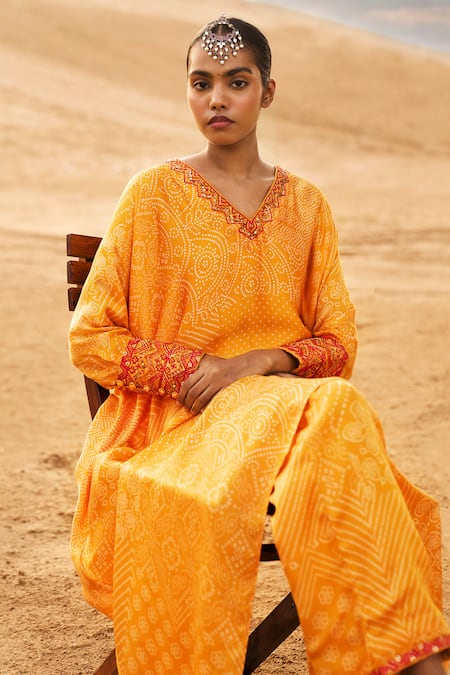Shop_Punit Balana_Yellow Satin, Silk Embroidery V-neck Bandhani Print Kaftan With Pant _Online_at_Aza_Fashions