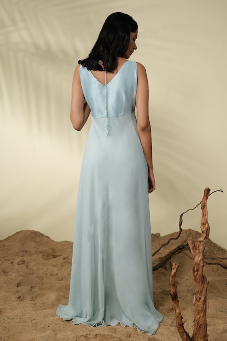 Shop PIRI INDIA Blue Chanderi, Georgette Sequins, Beads, Embroidery V-neck Larisa Bodice Gown at Aza Fashions Shop_PIRI INDIA_Blue Chanderi, Georgette Sequins, Beads, Embroidery V-neck Larisa Bodice Gown _at_Aza_Fashions