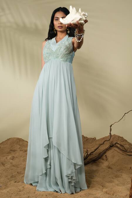 PIRI INDIA Blue Chanderi, Georgette Sequins, Beads, Embroidery V-neck Larisa Bodice Gown Online at Aza Fashions PIRI INDIA_Blue Chanderi, Georgette Sequins, Beads, Embroidery V-neck Larisa Bodice Gown _Online_at_Aza_Fashions