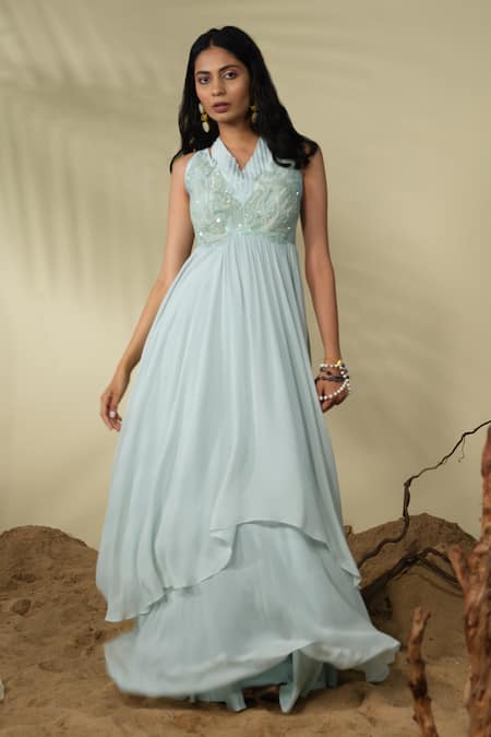 Buy PIRI INDIA Blue Chanderi, Georgette Sequins, Beads, Embroidery V-neck Larisa Bodice Gown Online at Aza Fashions Buy_PIRI INDIA_Blue Chanderi, Georgette Sequins, Beads, Embroidery V-neck Larisa Bodice Gown _Online_at_Aza_Fashions