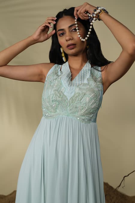 Shop PIRI INDIA Blue Chanderi, Georgette Sequins, Beads, Embroidery V-neck Larisa Bodice Gown Online at Aza Fashions Shop_PIRI INDIA_Blue Chanderi, Georgette Sequins, Beads, Embroidery V-neck Larisa Bodice Gown _Online_at_Aza_Fashions