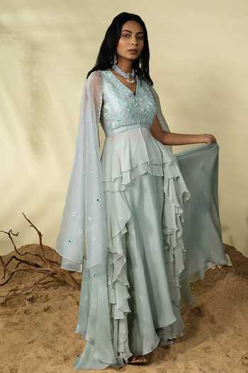 PIRI INDIA_Blue Chanderi, Georgette, Organza, Satin Sequins, Nia Blouse And Lehenga Set _Online_at_Aza_Fashions