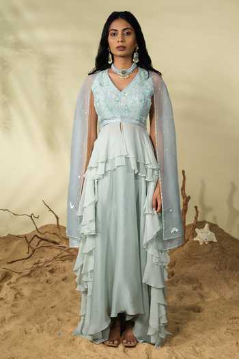 Buy_PIRI INDIA_Blue Chanderi, Georgette, Organza, Satin Sequins, Nia Blouse And Lehenga Set _Online_at_Aza_Fashions